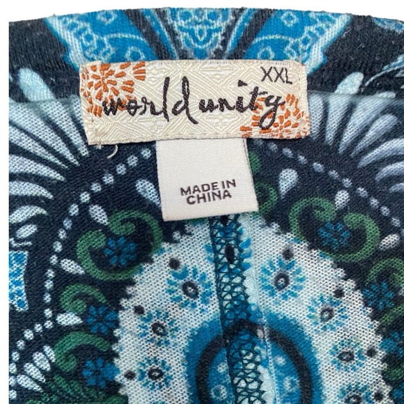 World Unity XXL 2XL Top Shirt Tunic Blue‎ V-Neck 3/4 Sleeve Beaded Stretch - Picture 7 of 7